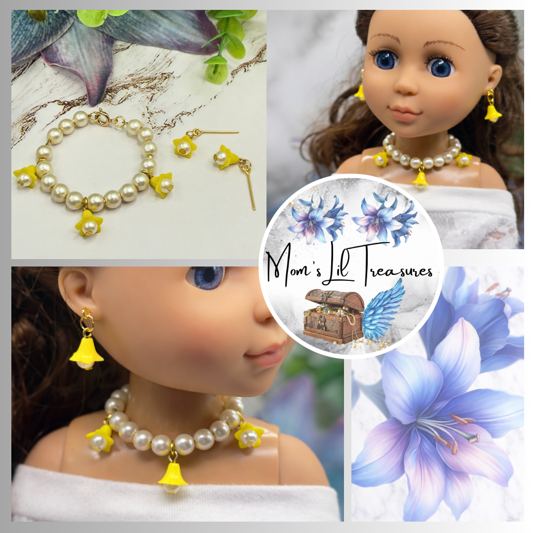 Light Yellow Bell Flower Dangle Pearl Beaded Doll Necklace & Earring • 14 Inch Fashion Doll Jewelry