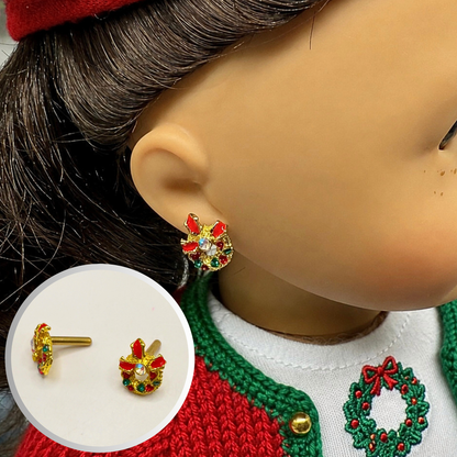 Christmas Wreath Gold Post Doll Earrings • 2mm Post for 18 Inch Fashion Doll