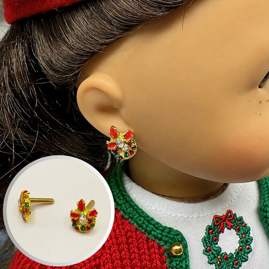 Christmas Wreath Gold Post Doll Earrings • 2mm Post for 18 Inch Fashion Doll