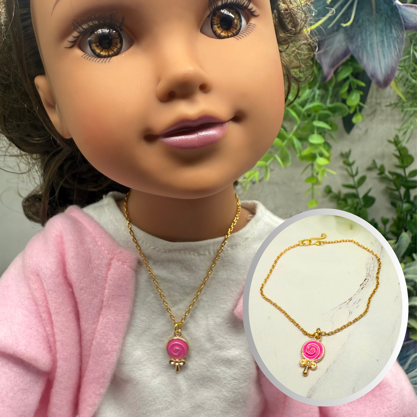 Pink Lollipop Charm Gold Chain Doll Necklace • 18 Inch Fashion Doll Jewelry