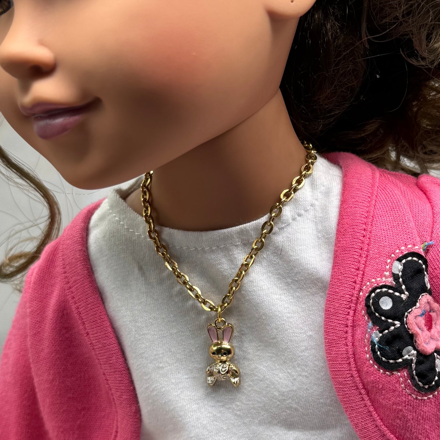 Bunny Pink & White Enamel Detail Charm Doll Necklace - Easter • 18 Inch Fashion Doll Jewelry