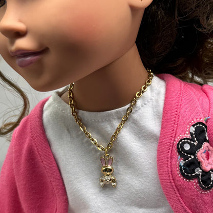 Bunny Pink & White Enamel Detail Charm Doll Necklace - Easter • 18 Inch Fashion Doll Jewelry