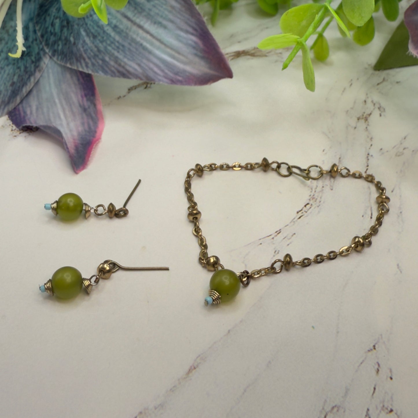 Light Olive Green Drop Gold Chain Doll Necklace & Earrings Set • 18 Inch Fashion Doll Jewelry