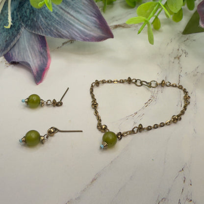 Light Olive Green Drop Gold Chain Doll Necklace & Earrings Set • 18 Inch Fashion Doll Jewelry