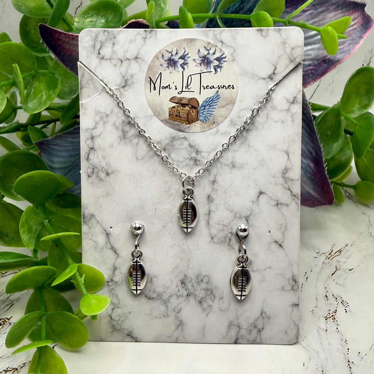 Silver Football Sports Charm Doll Necklace & 2mm Post Earrings | for 18 Inch Doll • American Girl