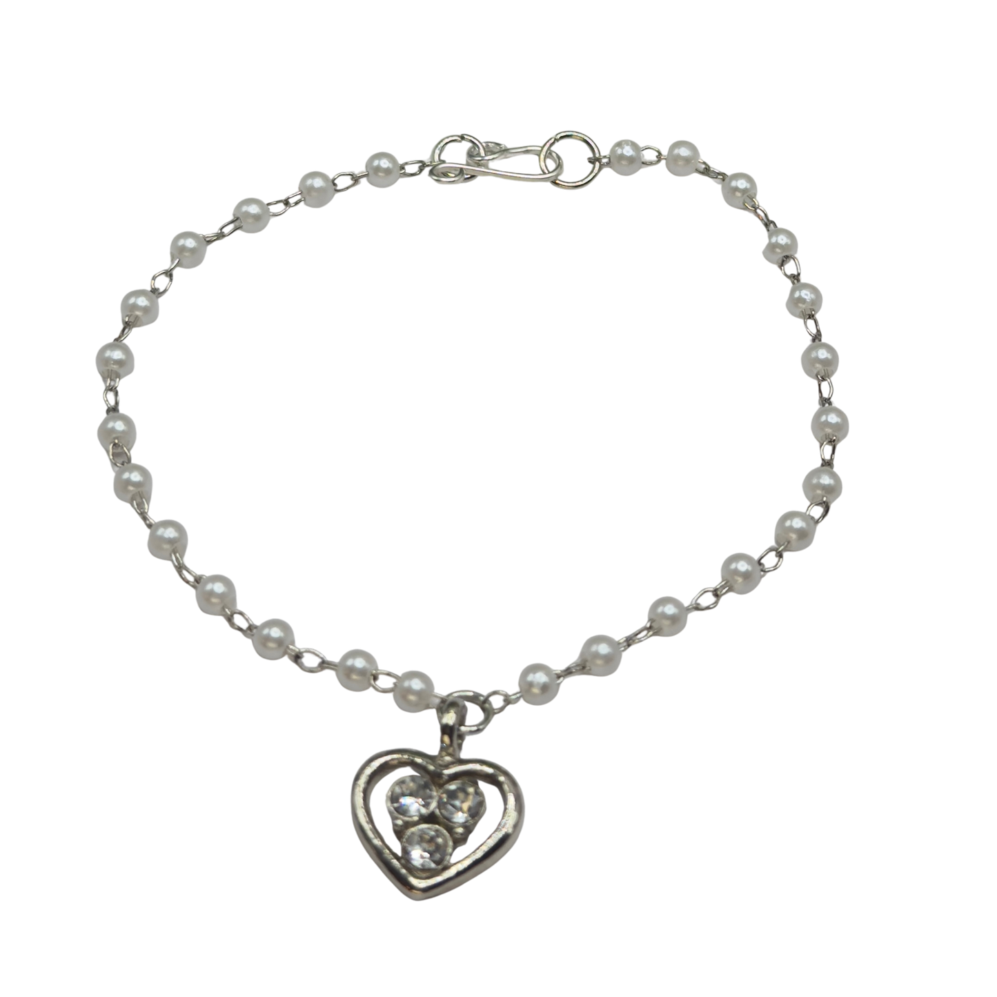 Silver Rhinestone Accented Heart Charm Pearl Beaded Chain Doll Necklace • 18 Inch Fashion Doll Jewelry