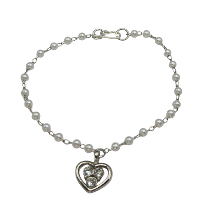 Silver Rhinestone Accented Heart Charm Pearl Beaded Chain Doll Necklace • 18 Inch Fashion Doll Jewelry