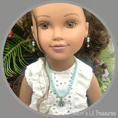 Turquoise Pearl Rhinestone Pendant Doll Necklace Earring Set • 18” Doll Jewelry