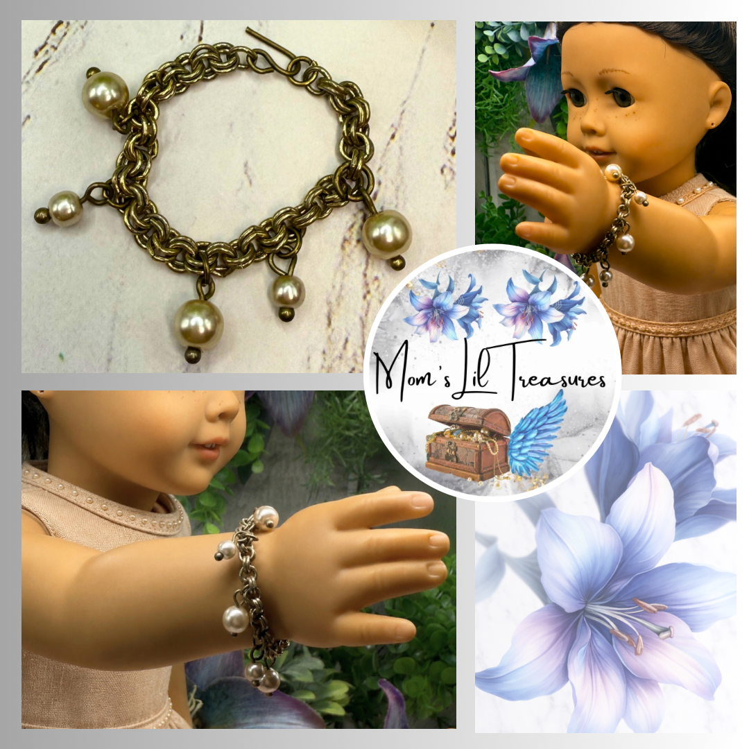 Gold Brass Tone Chain Pearl Dangles Doll Charm Bracelet • 18 Inch Fashion Doll Jewelry
