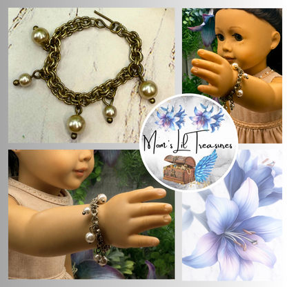 Gold Brass Tone Chain Pearl Dangles Doll Charm Bracelet • 18 Inch Fashion Doll Jewelry