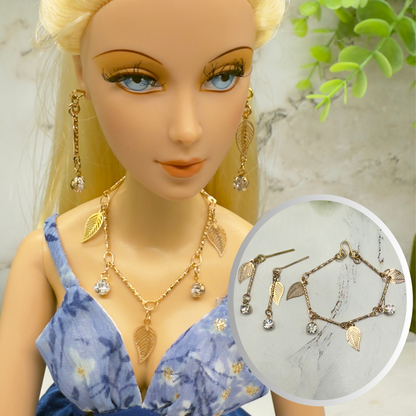 Gold Leaf Clear Rhinestone Dangles Gold Doll Necklace & Earrings • 16 Inch Fashion Doll Jewelry