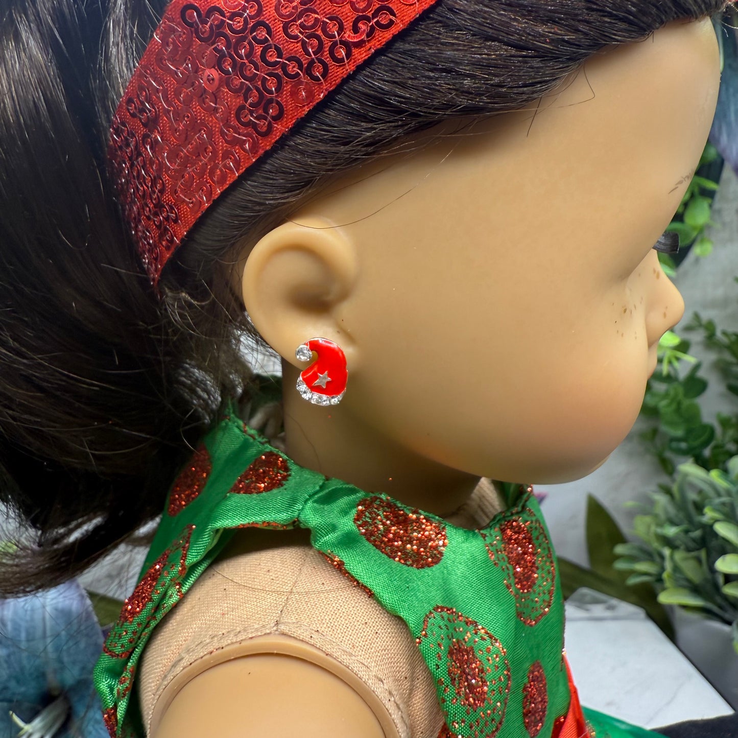 Red Sparkly Star Christmas Santa Hat Post Doll Earrings • 2mm Post for 18 Inch Fashion Doll