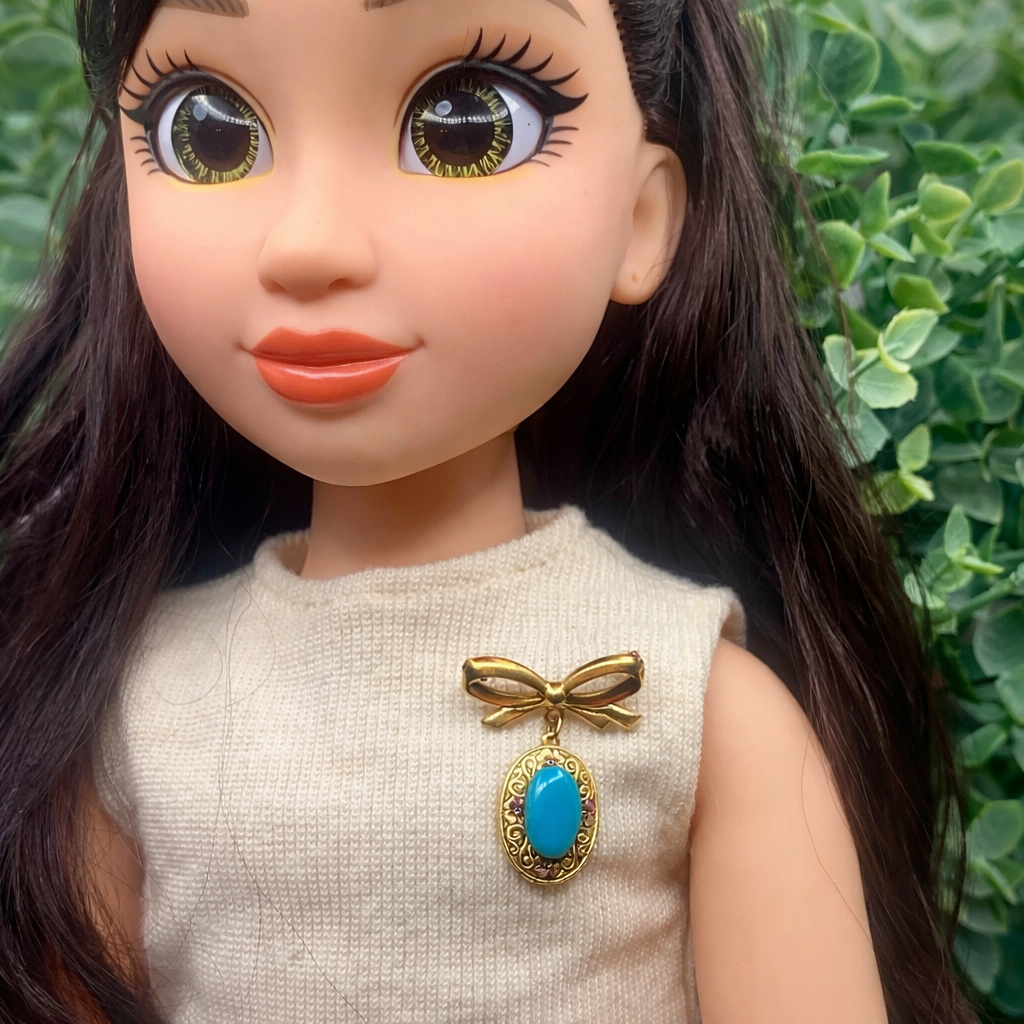 Gold Tone Turquoise Blue Pendant • Doll Brooch