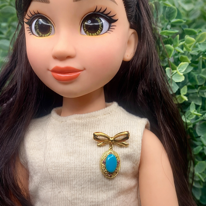 Gold Tone Turquoise Blue Pendant • Doll Brooch