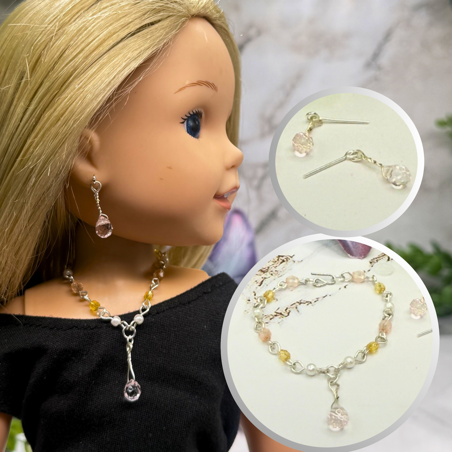 Pink Yellow Pearl Beaded Doll Necklace & Earrings • 14 Inch Fashion Doll Jewelry