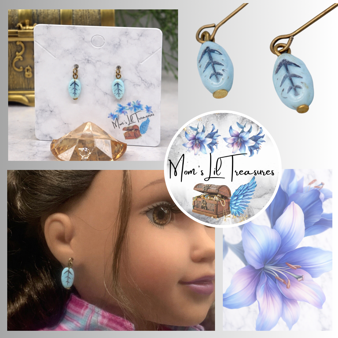 Light Blue Glass Leaf Design Dangle Doll Earrings for 18 Inch Fashion Doll Jewelry • Doll Accessories