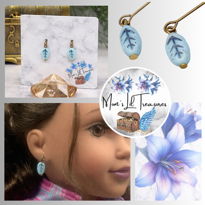 Light Blue Glass Leaf Design Dangle Doll Earrings for 18 Inch Fashion Doll Jewelry • Doll Accessories