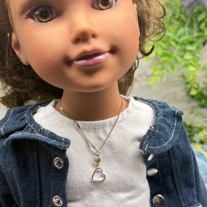 Yellow Orange Crystal Silver Open Heart Charm Doll Necklace • 18 Inch Fashion Doll Jewelry