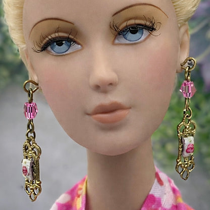 Pink Crystal Rose Design Gold Filigree Dangle Doll Earrings • 16” Doll Jewelry