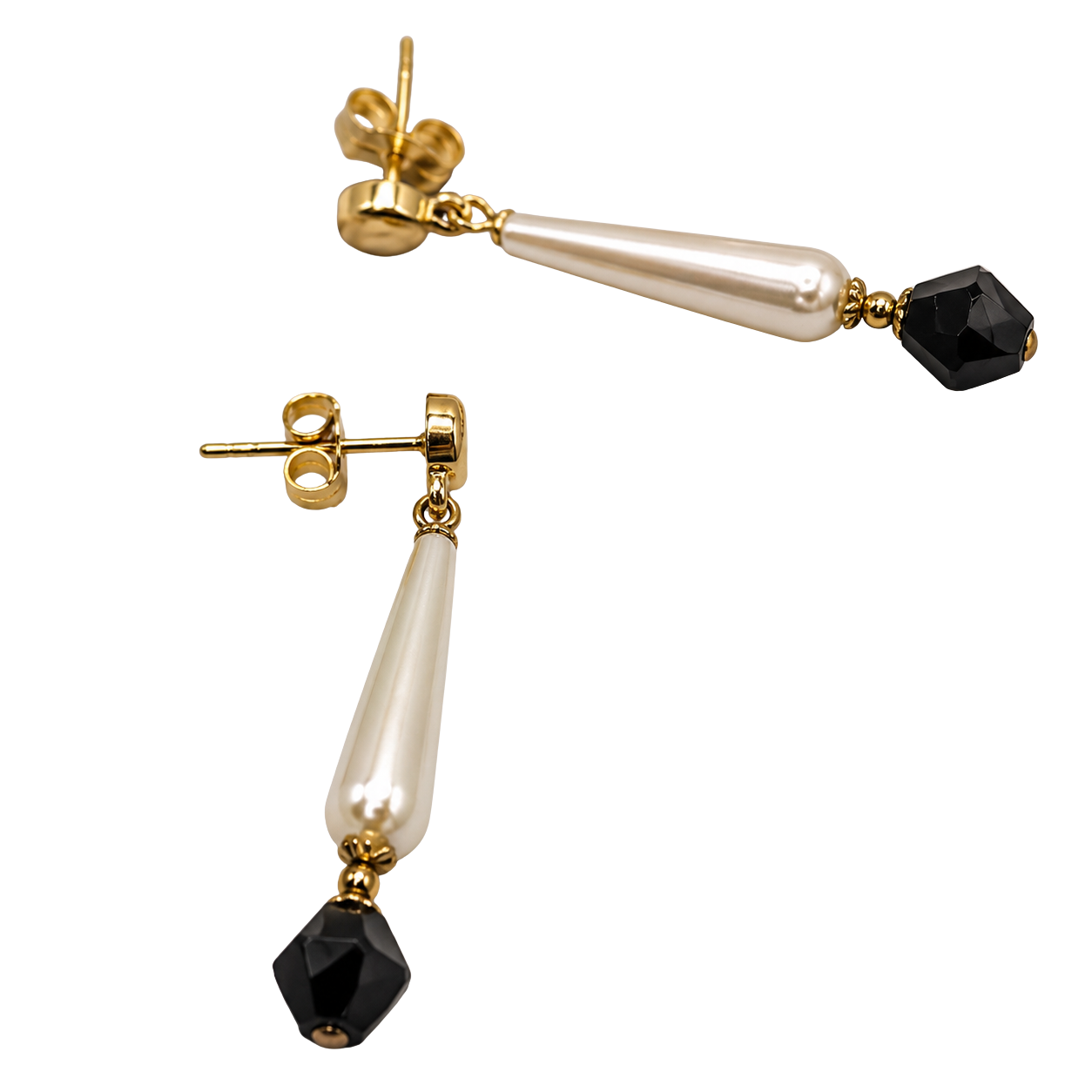 Elongated Teardrop Pearl & Black Glass Crystal Drop Dangle Earrings - Handmade