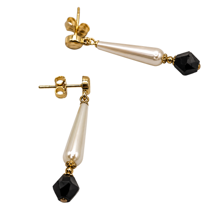 Elongated Teardrop Pearl & Black Glass Crystal Drop Dangle Earrings - Handmade