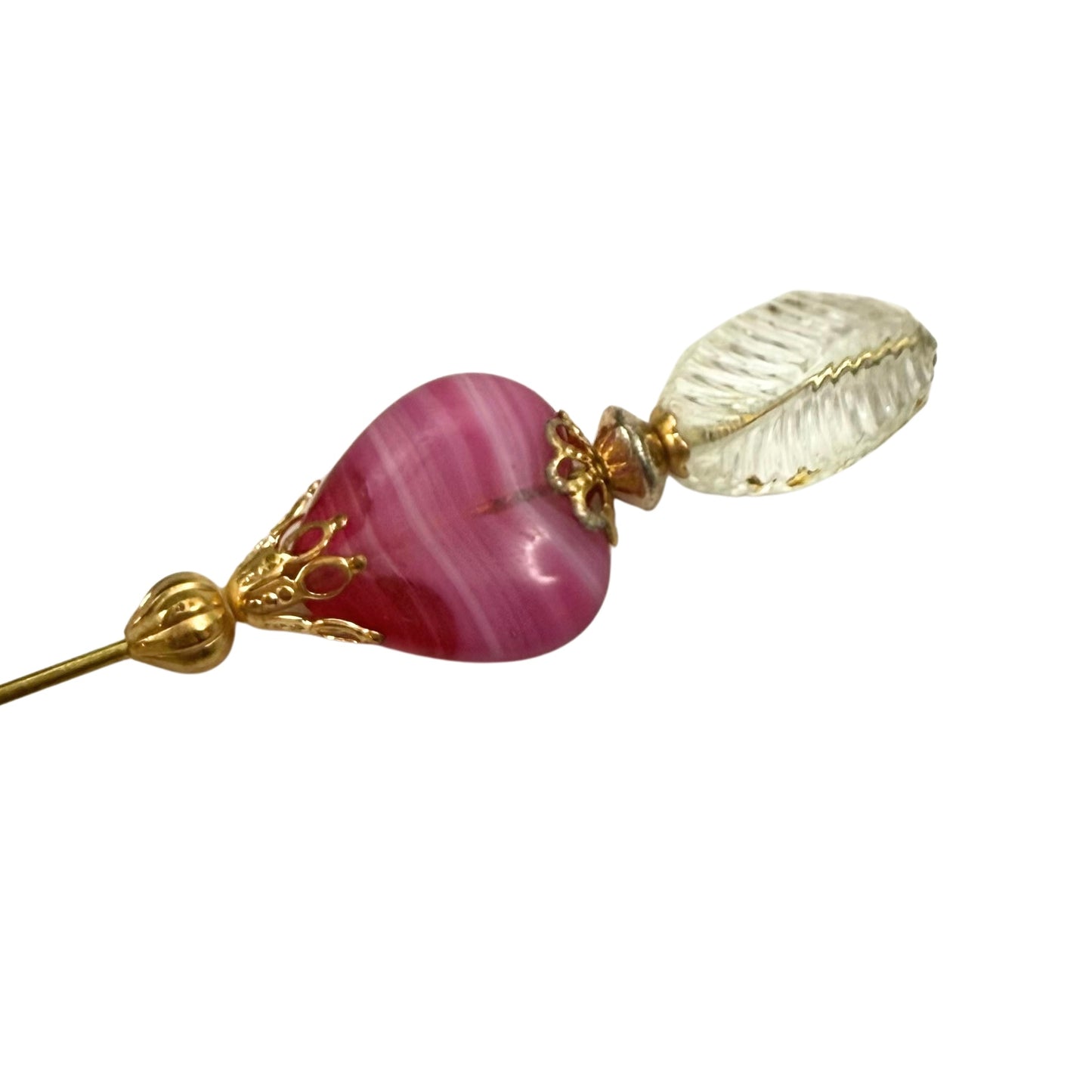 Pink Swirl Design Glass Heart Clear Leaf Top Gold Filigree - 6 Inch • Hatpin - Stick Pin