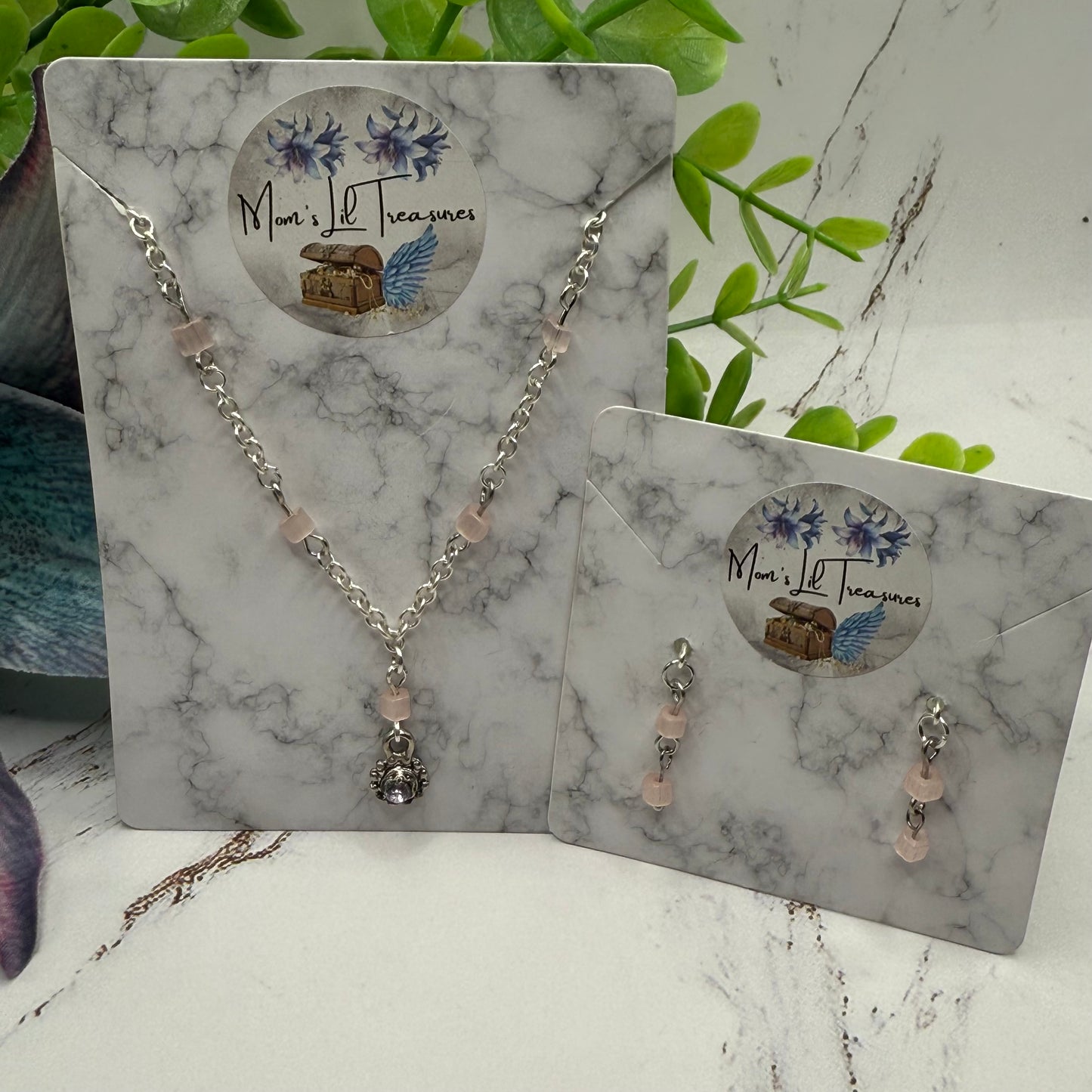 Light Pink Glass Bead Silver Chain Doll Necklace & Earrings • 18 Inch Fashion Doll Jewelry