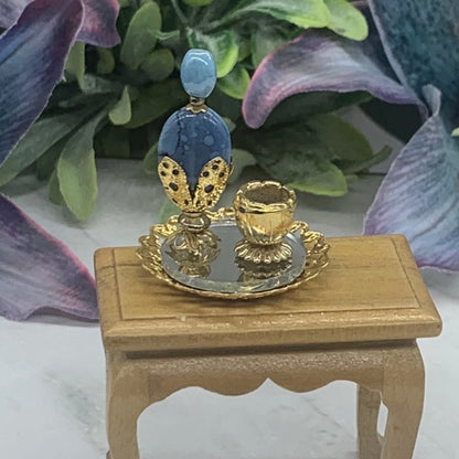 Blue Perfume Bottle and Mirrored Gold Vanity Tray Set • Dollhouse Miniatures