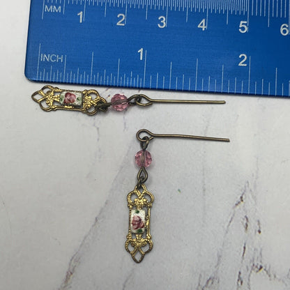 Pink Crystal Rose Design Gold Filigree Dangle Doll Earrings • 16” Doll Jewelry