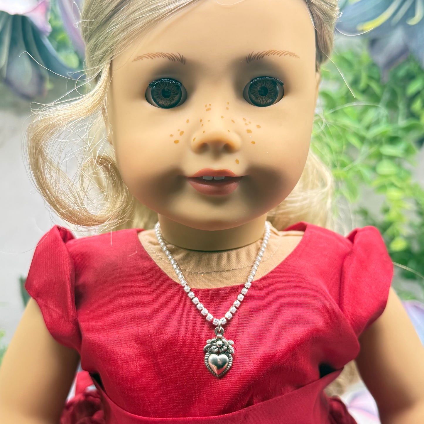 Silver Sacred Heart Charm Pearl Cup Link Chain Doll Necklace • 18 Inch Fashion Doll Jewelry