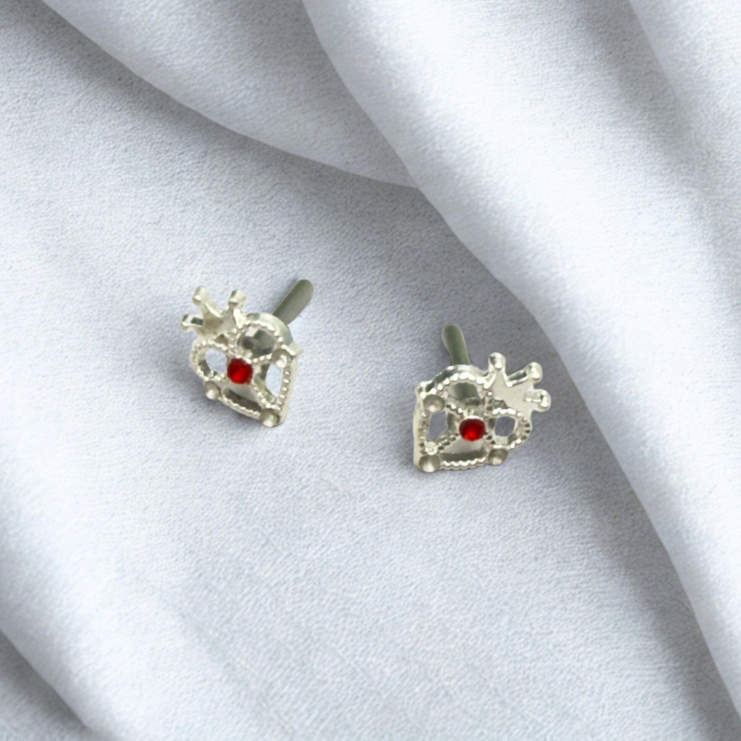 Silver Heart w/ Crown Red Rhinestone Post Doll Earrings • 2mm Post for 18 Inch Fashion Doll