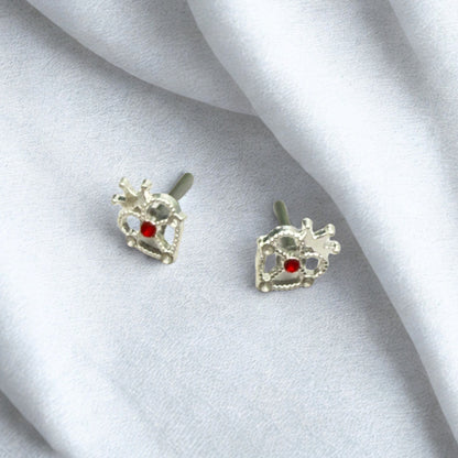 Silver Heart w/ Crown Red Rhinestone Post Doll Earrings • 2mm Post for 18 Inch Fashion Doll