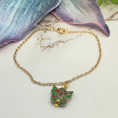 Green Multi Color Enamel Detail Butterfly Charm Gold Doll Necklace • 18 Inch Fashion Doll Jewelry