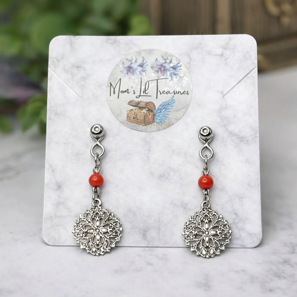 Dark Orange Bead with Silver Filigree Dangle Doll Earring DANGLE ONLY fits 2mm post for 18 Inch Fashion Dolls