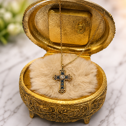 Blue Rhinestone Gold Cross Pendant Doll Necklace • 18 Inch Fashion Doll Jewelry