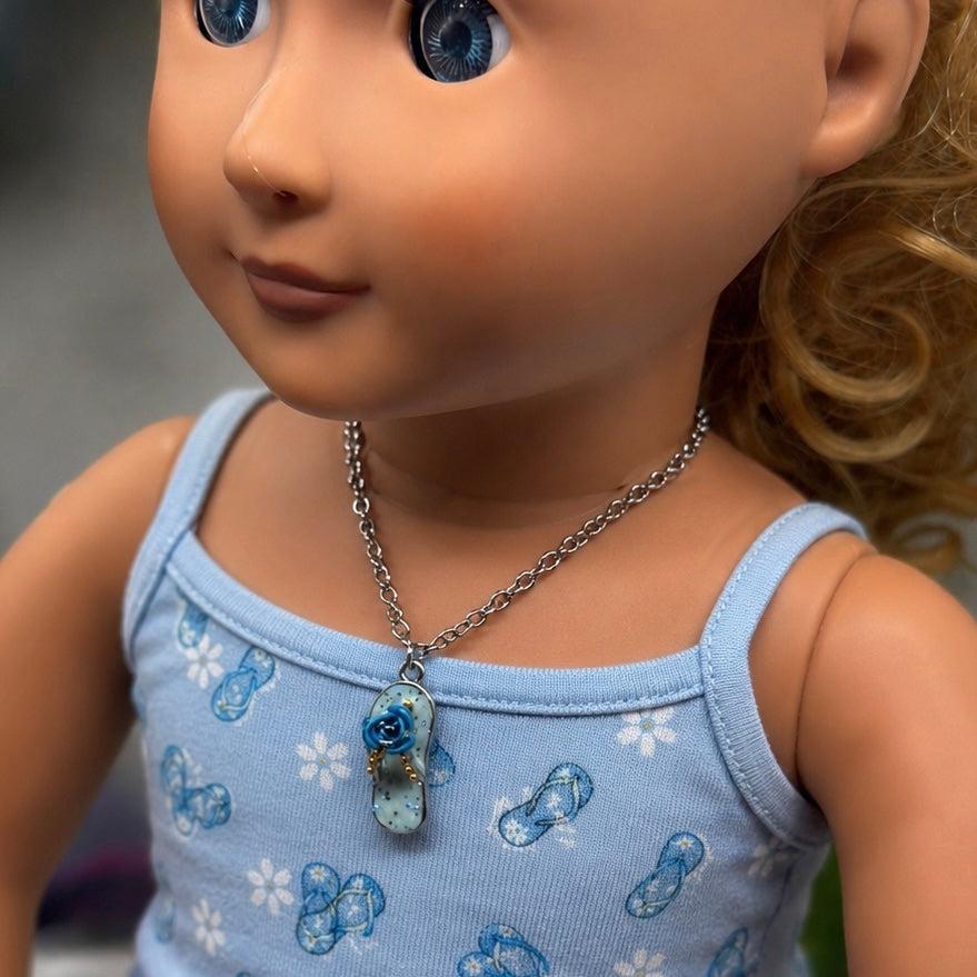Blue Flip Flip Sandal Rose Accent Charm Silver Doll Necklace for 18 Inch Fashion Doll Jewelry