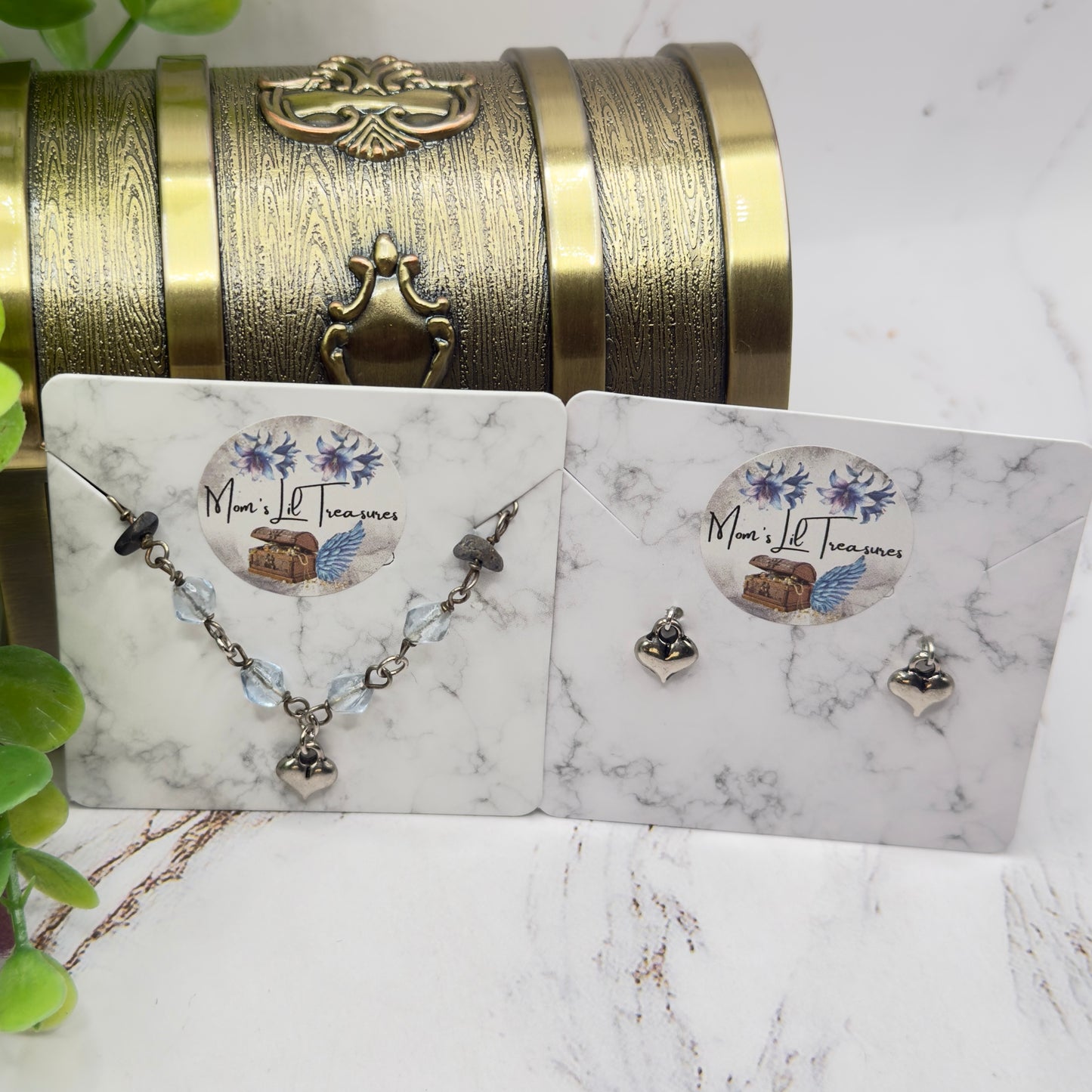 Blue Glass Beaded Silver Heart Charm Doll Necklace & Earrings • 14 Inch Fashion Doll Jewelry