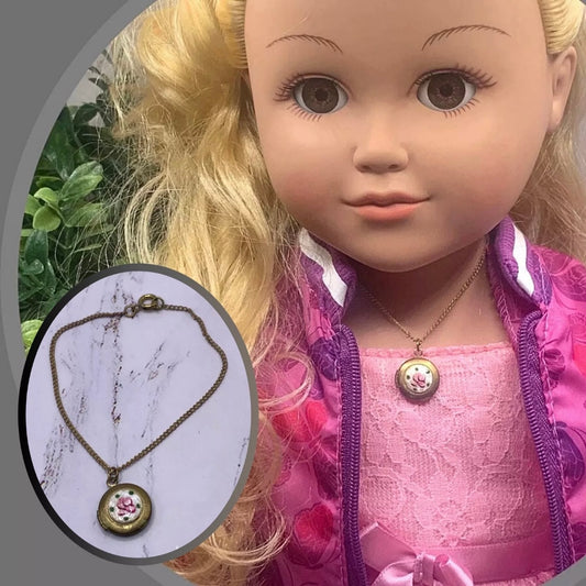 Gold Tone Locket Rose Flower Design Doll Necklace • 18 Inch Fashion Doll Jewelry