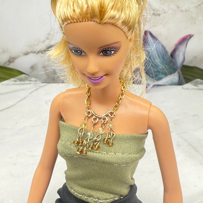 Light Gray & Brown  Beaded Multi Dangle Gold Doll Necklace
 • 10-12 Inch Fashion Doll Jewelry 1:6