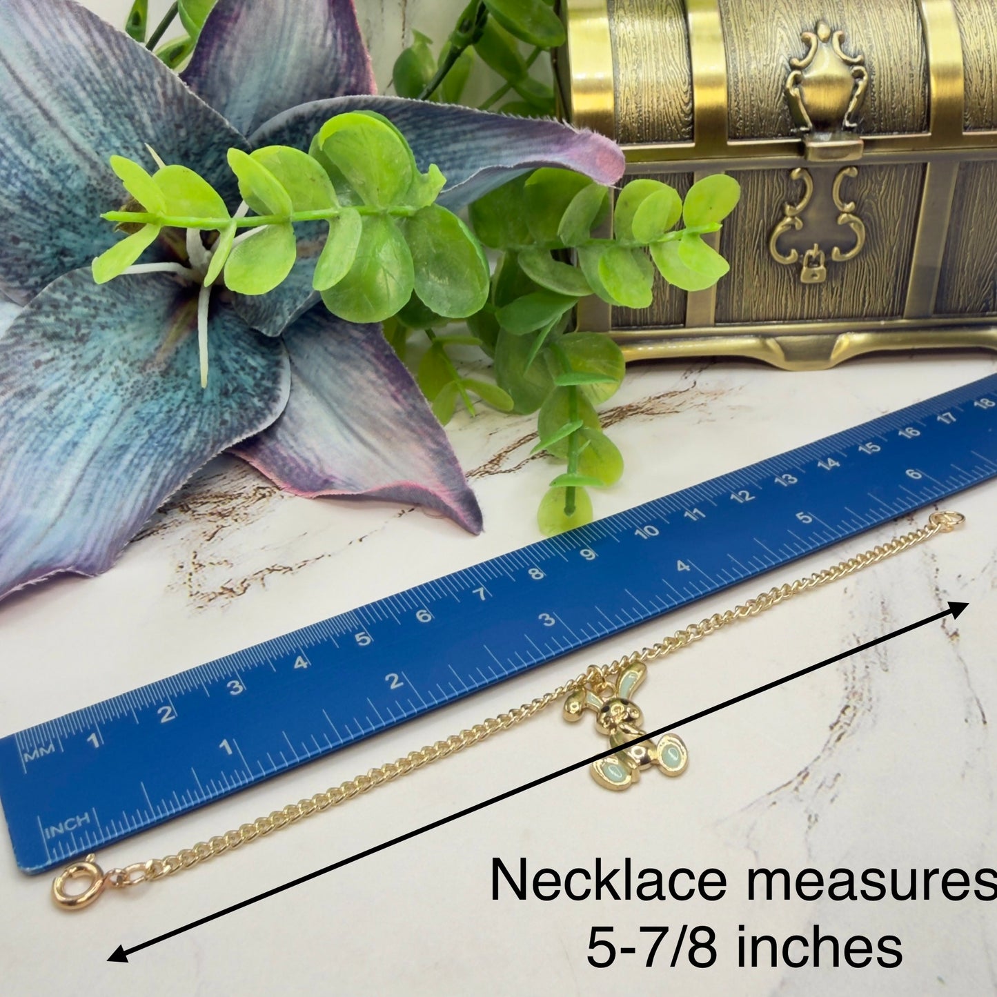 Floppy Ear Bunny Light Blue Enamel Detail Charm Gold Doll Necklace • 18 Inch Fashion Doll Jewelry