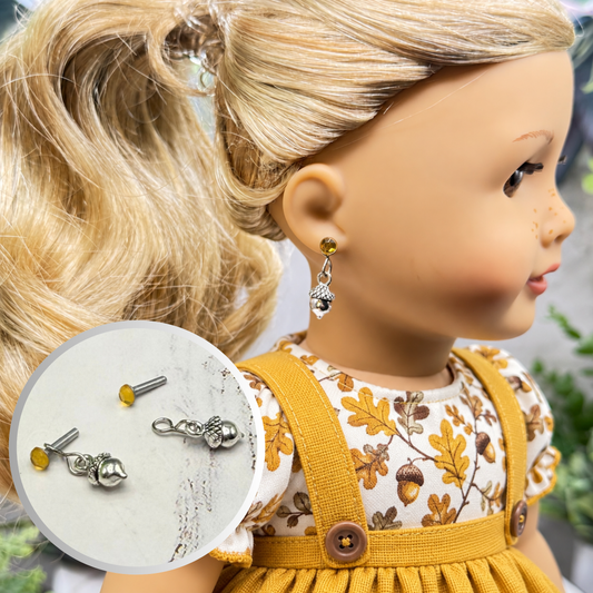 Silver Acorn Harvest Autumn Charm Yellow Rhinestone 2mm Post Doll Earrings | fits 18 Inch Dolls • American Girl