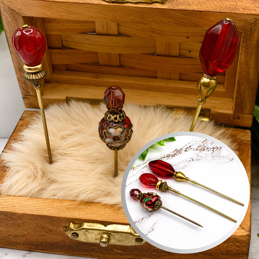 Red Glass Cloisonné Set of 3 • Stick Pins, Hatpins, Sewing pins, Gifts for Her