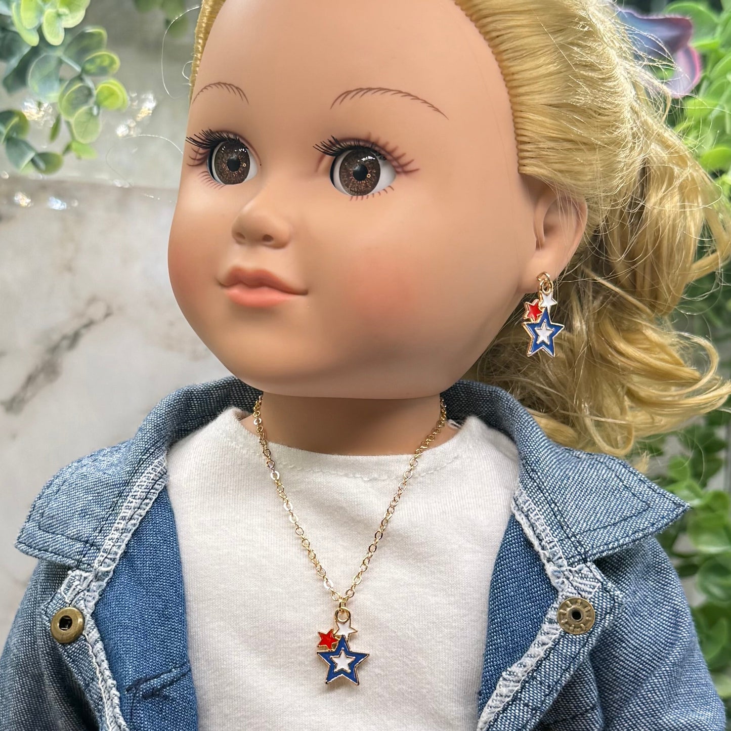 Red White Blue Multi Star Charm Doll Necklace & Earrings Set for 18 Inch Fashion Doll