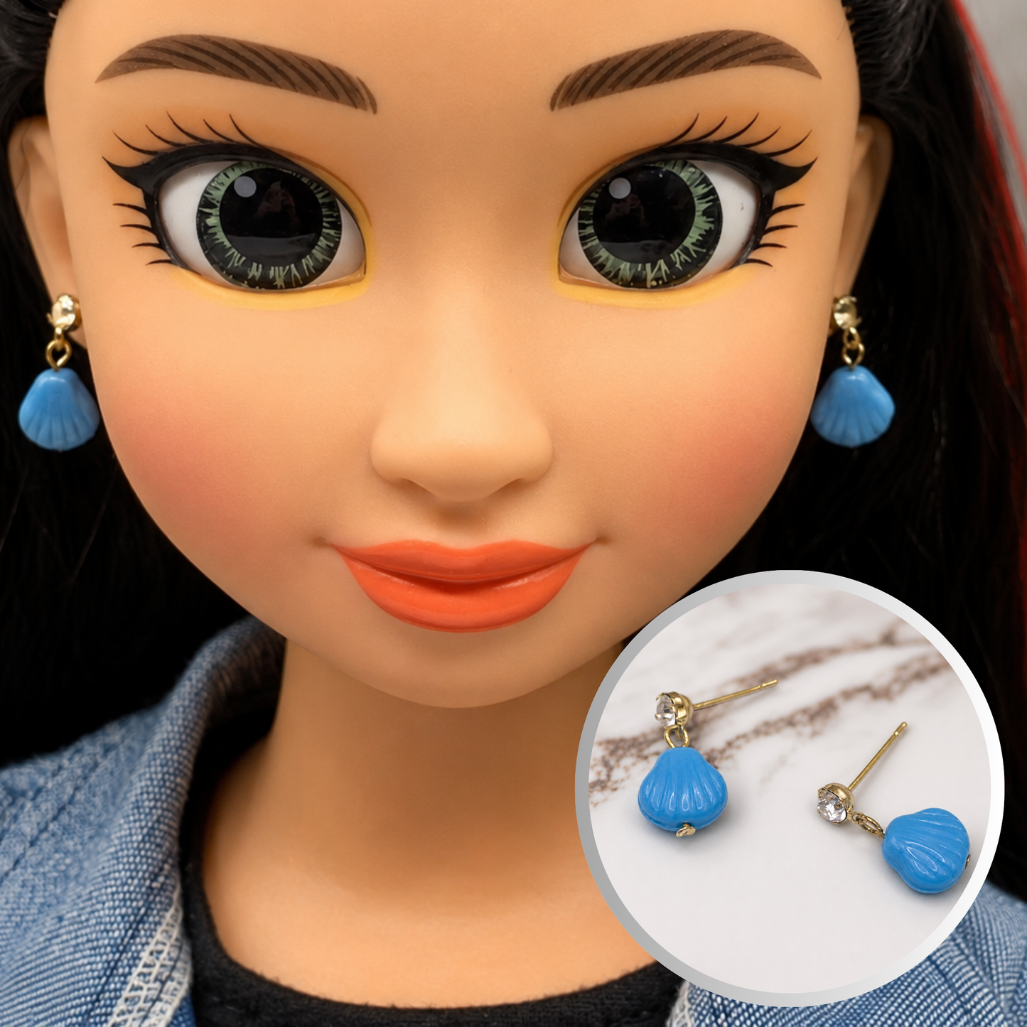 Blue Glass Shell Rhinestone Post Dangle Doll Earrings • 18 Inch Doll Jewelry