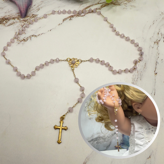 Light Pink Glass Crystal Gold Cross • Doll Size Catholic Rosary for 18-22” Fashion or Vintage Doll