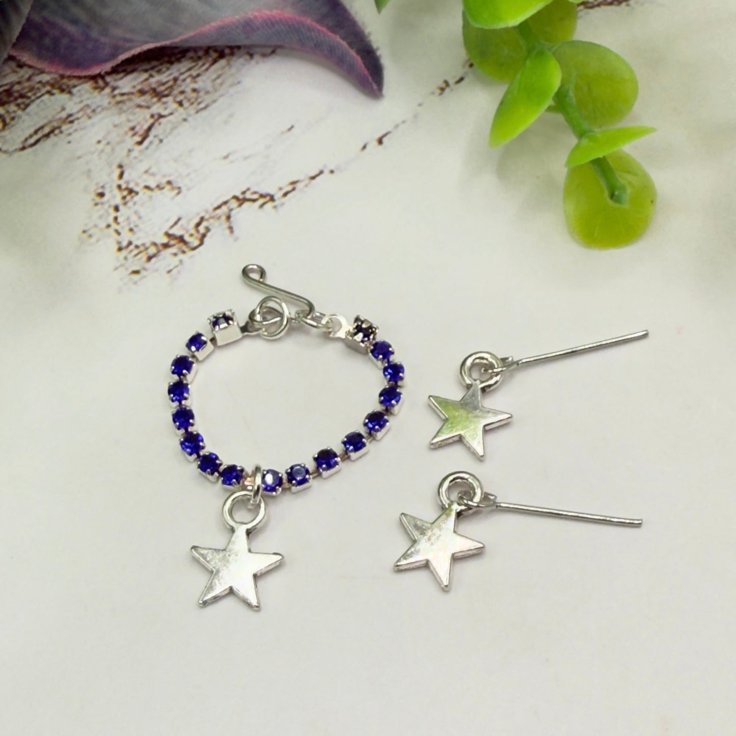 Blue Rhinestone Silver Star Charm Doll Necklace & Earrings for 16 Inch Fashion Doll