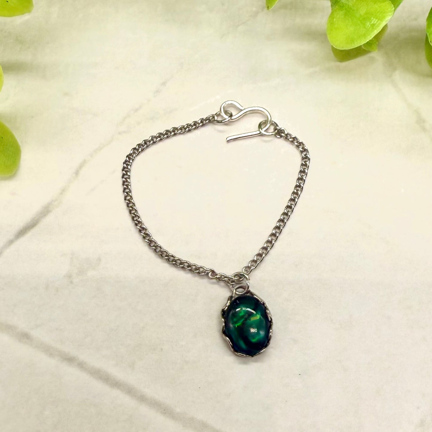 Oval Green Pendant Silver Chain Necklace • 16 inch Fashion Doll Jewelry