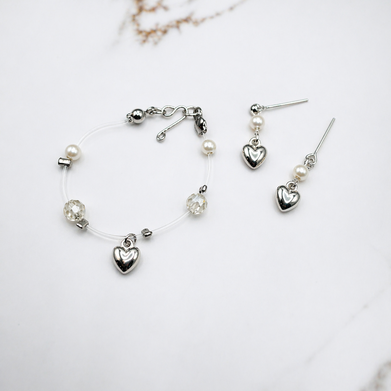 Silver Heart Charm Nylon String Pearl & Acrylic Crystal Necklace & Earrings • 14 Inch Fashion Doll Jewelry