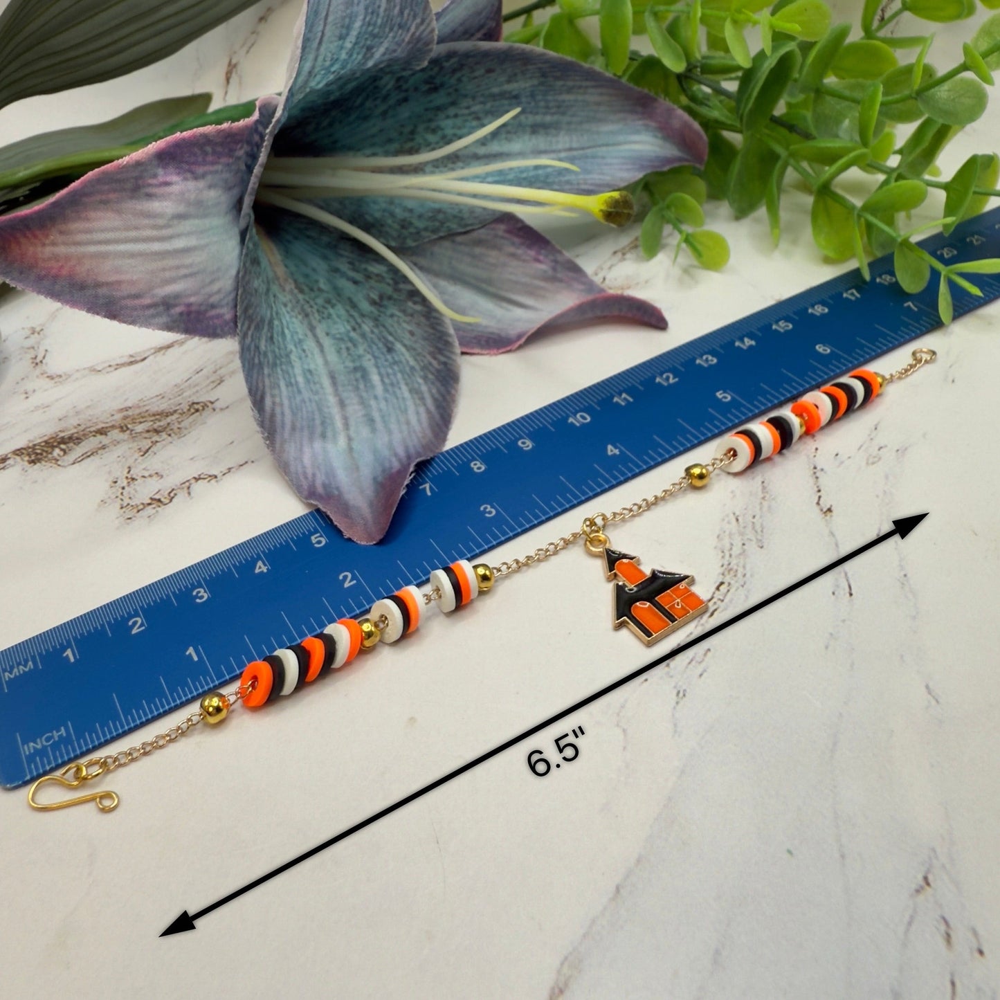 Haunted House Halloween Charm Silicone Disc Beads on Gold Chain Doll Necklace • 18 Inch Fashion Doll Jewelry