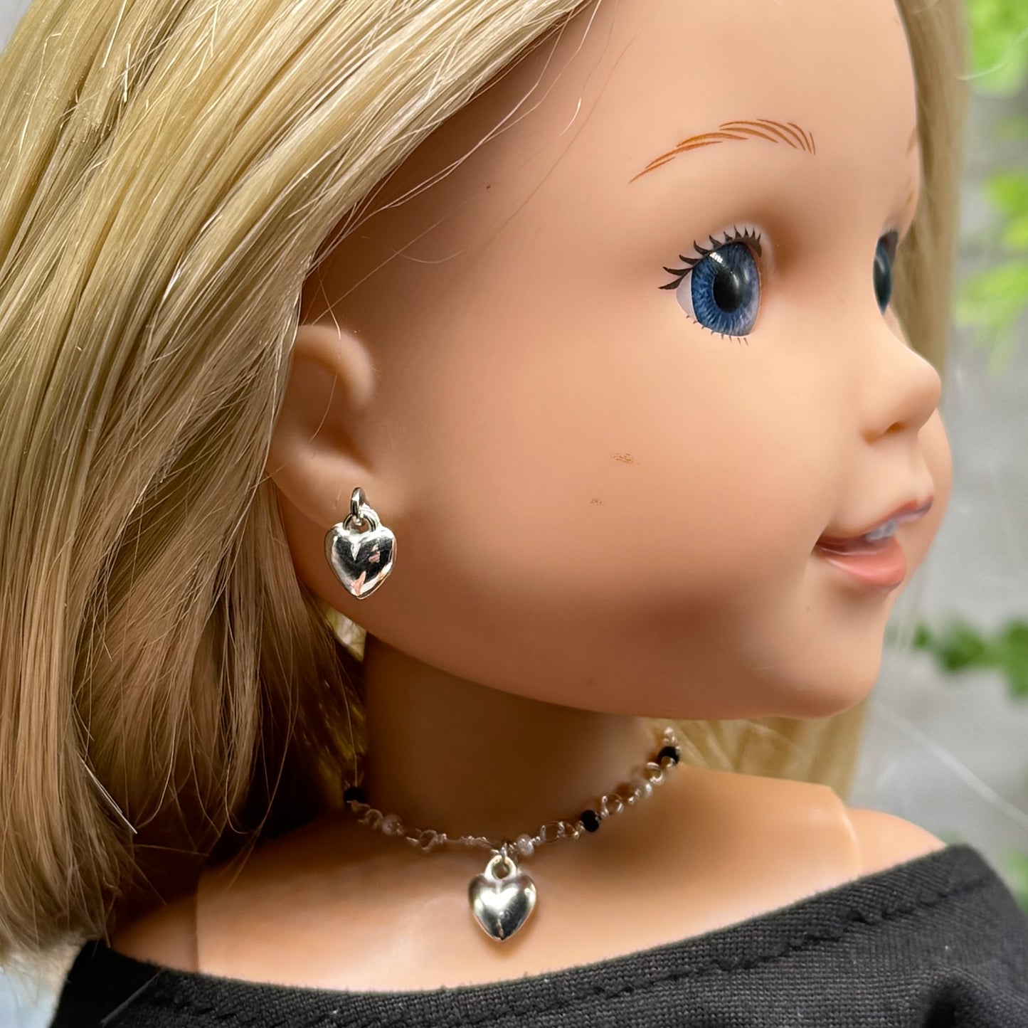 Black & Pearl Beaded Silver Heart Charm Doll Necklace & Earrings • 14 Inch Fashion Doll Jewelry